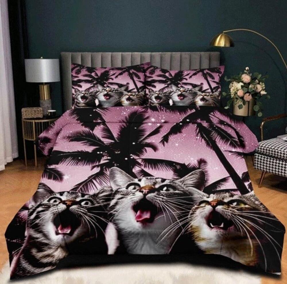 CCoutueChen Queen Cat Coconut Tree Comforter Set 3 Piece New Sealed